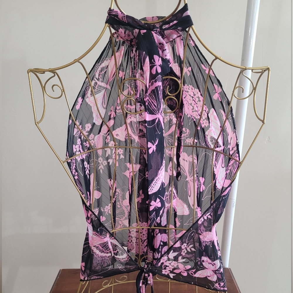 19. Pink and Black Butterfly Flowy Halter Cut Top With Tie Back Size S - Picture 4 of 6